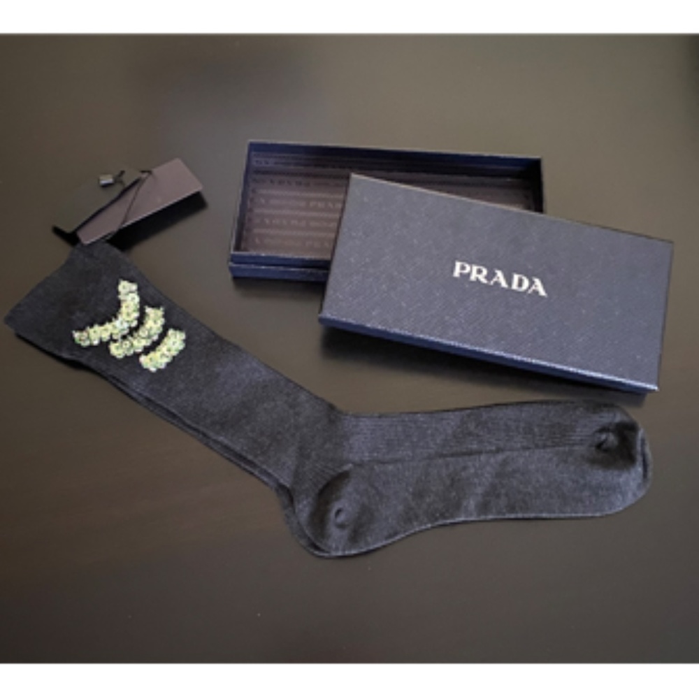 AUTHENTIC "PRADA" WOMEN'S GREY SOCKS WITH GREEN SPARKLING, IN "PRADA" GIFT BOX - Picture 2 of 9